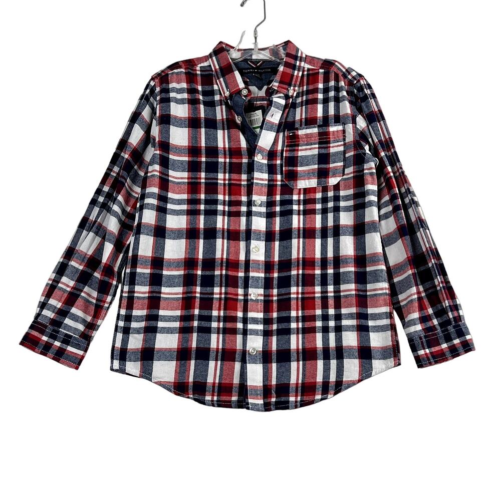 Tommy Hilfiger Big Boys Samson Yarn Dyed Plaid Flannel Shirt Blue Red Large
